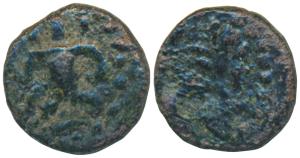 Guptas, Ramagupta (c. 375 AD), Copper, 0.46g, obv. 3 headed deity (Karttikeya?) seated fac