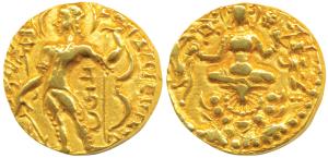 Guptas, Chandragupta II, Gold Dinar, 7.81g, ’Archer’ type, obv. king nimbate, standing lef