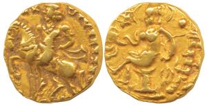 Guptas, Chandragupta II, Gold Dinar, 7.84g, ’Horseman’ type, Class I, Variety A, obv. king
