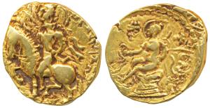 Guptas, Chandragupta II, Gold Dinar, 7.76g, ’Horseman’ type, obv. king riding a horse trot