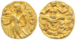 Guptas, Kumaragupta I, Gold Dinar, 7.6g, ’Archer’ type, obv. king nimbate, standing left h