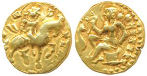 Guptas, Kumaragupta I, Gold Dinar, 8.24g, ’Horseman’ type, obv. king nimbate, riding a hor