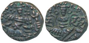 Kashmir, Utpala Dynasty, Didda Rani (979-1003 AD), Copper, 6.25g, obv. stylized king stand