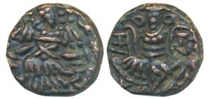 Kashmir, Utpala Dynasty, Didda Rani, Copper, 5.72g, obv. stylized king standing slightly l