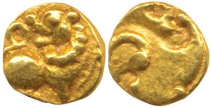 Kadambas of Hangal (1075-1190 AD), Gold Fanam, 0.53g, obv. a lion with upraised leg, rev. 