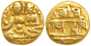 Vijayanagar Empire, Hari Hara II (1377-1404 AD), Gold ½ Pagoda, 1.66g, obv. Shiva-Parvati 