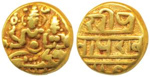 Vijayanagar Empire, Devaraya I, Gold Pagoda, 3.37g, Shiva-Parvati seated, Siva holding ant