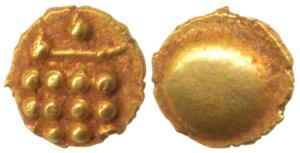 South Indian, Uncertain Gold Fanam, 0.37g, obv. three rows of dots, rev. gobule. Extremely