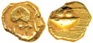 Anonymous, Hudki Gold Pagoda, 3.36g, a boat like uncertain symbol on obv., possibly the Go