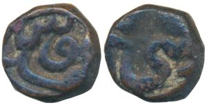 Akbar, Copper 1/8 Dam / Damri, 2.54g, Delhi Mint, Si Wa Panj legend, Ilahi type, Year 35 i
