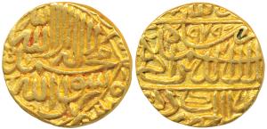 Akbar, Gold Mohur, 10.87g, Dar-ul-Mulk Hazrat Delhi Mint, AH 979, obv. Kalima, (KM 106.3).