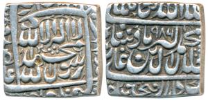Akbar, Silver Square Rupee, 11.31g, Dar us-Sultanate Fathpur Mint, AH 986, Kalima type, co