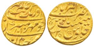 Aurangzeb, Gold Mohur, 10.91g, Akbarabad Mint, AH 1090/22, mint name at top on rev. (SA 31