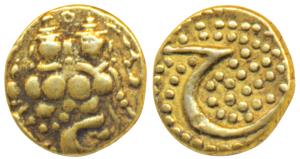 Haider Ali (AH 1174-1197, AD 1761-1782), Gold Fanam, 0.37g, obv. Shiva and Parvati, rev. P