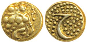 Haider Ali, Gold Fanam, 0.39g, obv. Shiva and Parvati, rev. Persian letter ’He’ on a granu