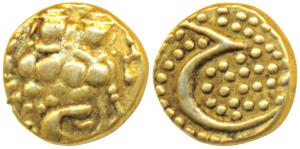 Haider Ali, Gold Fanam, 0.38g, obv. Shiva and Parvati, rev. Persian letter ’He’ on a granu