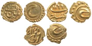 Tipu Sultan, Gold Fanam (3), Farrukhi, Kalikut and Patan Mints, AM 1217 & 1316, all with c