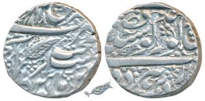 Ranjit Singh, Silver Rupee, Amritsar Mint, VS 1868, Nanakshahi couplet, fish symbol (HH 01