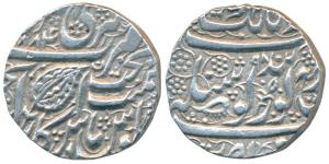 Amritsar Mint, Silver Rupee, VS 1884 frozen, Gobindshahi couplet, ’Nanak’ at top, ornament