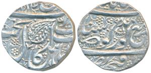 Amritsar Mint, Silver Rupee, VS 1884 frozen, Gobindshahi couplet, ’Nanak’ at top, VS (18)9