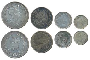 Sayaji Rao III (AH 1292-1357, 1875-1938 AD), set of 4, Silver Rupee, ½ (8 Annas), ¼ (4 Ann