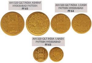 Mir Mahbub Ali Khan, Gold Gilt Silver, set of 3, Pattern Ashrafi, ½, and ¼ Ashrafi, Farkha