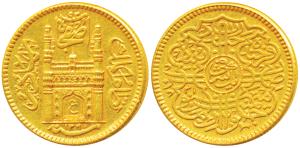 Mir Usman Ali Khan, Gold Ashrafi, 11.16g full ’Ain’ in doorway of Charminar, AH 1360/31 (K