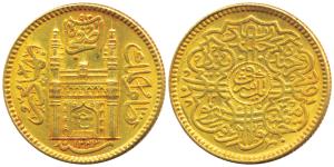 Mir Usman Ali Khan, Gold Ashrafi, 11.22g, Hyderabad Mint, full Ain in doorway of Charminar