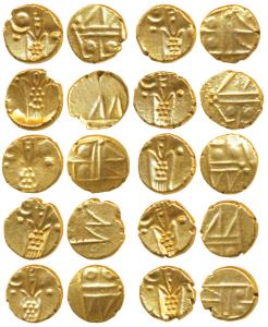 Gold Fanams (10), obv. Kali, rev. the Rangarau legend transformed into a geometrical desig