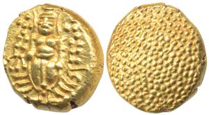 Negapatnam Gold Pagoda, 3.42g, Lazy J with Lord Vishnu standing, facing front on obv., gra