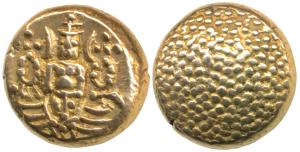 Negapatnam Gold Pagoda, 3.38g, Lazy J with Lord Vishnu standing, facing front on obv., gra