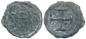 Diu, Pedro IV (1798-1834 AD), Zinc 5 Bazarucos, 5.86g, obv. crowned arms, rev. date within