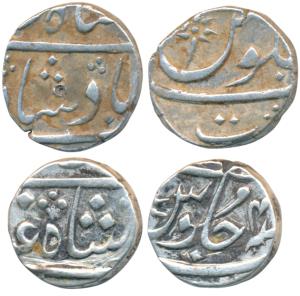 Surat Mint, Silver ½ Rupee (2), both 5.6g, in the name of Shah Alam II, the first privy ma