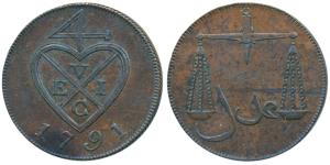 Proof Copper 1 ½ Pice / 6 Reas, 9.72g, obv. bale mark with date 1791 below, rev. Scales, o
