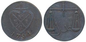 Proof Copper 2 Pice / 8 Reas, 12.64, obv. bale mark with date 1794 below, rev. Scales, obl