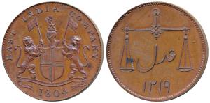 Copper Proof 2 Pice, 1804, coat of arms of the EIC and date below on obv., scales with dat