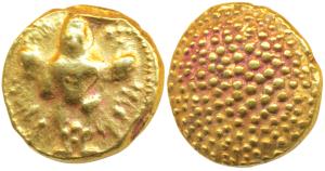 Single Swami, Gold Pagoda, 3.4g, obv. Vishnu standing facing front, rev. granulated (Paul 