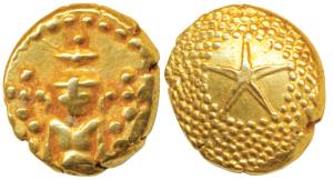 Star Gold Pagoda, 3.39g, single Swami (Balaji-Tirupati) standing, facing front on obv.; st