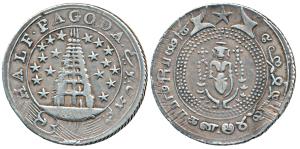 Silver ½ Pagoda, 20.84g, 2nd issue, 1808, value in English and Persian on ribbon around Go