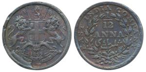 Copper 1/12 Anna, 1835, Error, cud (extra metal) at bottom seven o’clock. Very Fine+, Rare