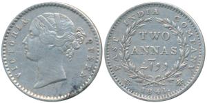 Victoria Queen, Silver 2 Annas, 1841, Calcutta Mint, Divided legend, Mule, WW raised, rev.