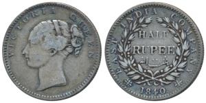 Victoria Queen, Silver ½ Rupee, 1840, Continuous legend, Madras Mint, English Head, 19 Ber