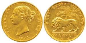 Victoria Queen, Gold Mohur, 1841, Divided legend, WW incused on truncation (KM 462.1). Ver