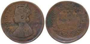 Victoria Queen, Copper ¼ Anna, 1862, Error, 15% off-center and the flan slightly expanded 