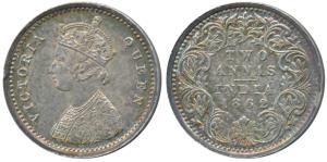 Victoria Queen, Silver 2 Annas, 1862. Tiny knick at nine o’clock, otherwise Uncirculated w