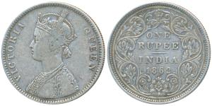 Victoria Queen, Silver Rupee, 1862, Bombay Mint, A / II / 1 / 7, Top dot within top flower