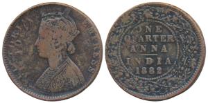 Victoria Empress, Copper ¼ Anna, 1882, Error, double struck and off center on both sides; 