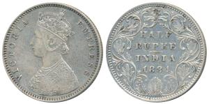 Victoria Empress, Silver ½ Rupee, 1884, Bombay Mint, A / II / no dot, (Prid 293). Very Fin