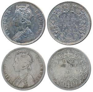 Victoria Empress, Silver Rupee (2), 1892 and 1900, both B incuse. Fine and Extremely Fine.