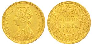 Victoria Empress, Gold Mohur, 1881, V in Jabbot (Prid 22). About Extremely Fine, Rare.